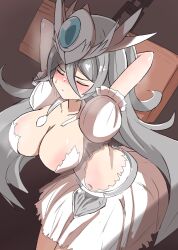 Rule 34 | 1girl, arms behind head, bdsm, blush, body blush, breasts, captivity, cat valkyrie (nyanko daisensou), chain, chained, chibiharin, closed eyes, collar, grey hair, highres, large breasts, long hair, navel, nyanko daisensou, pillory, torn clothes, white headwear