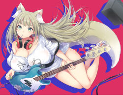 Rule 34 | 1girl, animal ear fluff, animal ears, barefoot, bass guitar, blonde hair, blush, bottomless, breasts, cleavage, clothes writing, convenient censoring, extra ears, fox ears, fox tail, full body, green eyes, headphones, headphones around neck, huge breasts, instrument, long hair, looking at viewer, miyano ururu, naked shirt, no panties, original, plectrum, shirt, solo, tail, white shirt