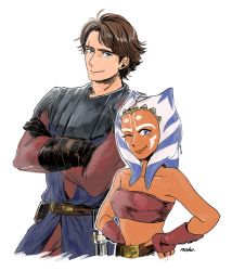 Rule 34 | 1boy, 1girl, age difference, ahsoka tano, alien, anakin skywalker, animification, armor, bare shoulders, belt, black gloves, buckle, collarbone, crossed arms, dark skin, detached sleeves, elbow gloves, energy sword, fingerless gloves, gloves, jedi, lightsaber, looking at viewer, matsuri6373, midriff, navel, one eye closed, scar, science fiction, simple background, star wars, star wars: the clone wars, stomach, sword, togruta, upper body, weapon, white background