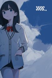 Rule 34 | 1girl, aoi (altea0923), black hair, black skirt, blue eyes, bow, bowtie, breasts, cardigan, cloud, commentary request, gridman universe, highres, long hair, long sleeves, looking at viewer, pleated skirt, red bow, red bowtie, school uniform, scrunchie, shirt, skirt, solo, ssss.gridman, standing, takarada rikka, thighs, white cardigan, white shirt