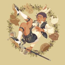 Rule 34 | 1boy, aged down, animal, ankle socks, ascot, black eyes, black hair, black shorts, black vest, bolo tie, border, brown background, character doll, chengongzi123, collared vest, cup, deer, floating, full body, garter straps, golden kamuy, hand up, hat, highres, holding, koito otonoshin, leg up, long sleeves, looking at viewer, male focus, open mouth, ornate border, paddle, photo (object), plate, saddle shoes, shoes, short hair, shorts, simple background, socks, solo, tanuki, tea, teacup, teapot, tsukishima hajime, unworn hat, unworn headwear, vest, white footwear, white socks