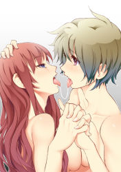 Rule 34 | 2girls, akihazama, bad id, bad pixiv id, blue eyes, breast press, breasts, couple, eye contact, french kiss, hand on another&#039;s head, headpat, holding hands, kiss, long hair, looking at another, multiple girls, nude, original, red eyes, saliva, saliva trail, short hair, symmetrical docking, tears, tongue, yuri