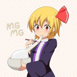Rule 34 | 1girl, :t, alternate costume, blonde hair, bowl, cato (monocatienus), chopsticks, eating, eyebrows, food, hair ribbon, looking at viewer, mg mg, mochi, open clothes, open robe, pink background, polka dot, polka dot background, red eyes, ribbed sweater, ribbon, robe, rumia, short hair, smile, solo, sweater, touhou, upper body, wagashi, white sweater