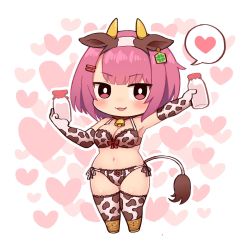 Rule 34 | 1girl, animal ears, animal print, bare shoulders, bell, bikini, bottle, breasts, chibi, cleavage, commentary, cow print, cowbell, elbow gloves, fake animal ears, fake tail, gloves, hair ornament, hairclip, heart, highres, holding, holding bottle, looking at viewer, medium breasts, milk bottle, open mouth, original, pink eyes, pink hair, short hair, side-tie bikini bottom, simoyuki, simple background, solo, swimsuit, symbol-only commentary, tail, thighhighs