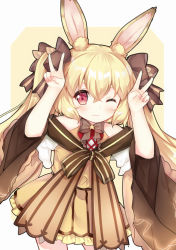 Rule 34 | 1girl, ;3, animal ears, arms up, bare shoulders, blonde hair, bow, bowtie, brown bow, brown bowtie, closed mouth, collarbone, contrapposto, cowboy shot, detached sleeves, double v, dress, fingernails, hair between eyes, hair bow, long hair, long sleeves, looking at viewer, nail polish, one eye closed, original, pink nails, red eyes, sidelocks, solo, standing, star (symbol), tengxiang lingnai, thick eyebrows, twintails, v, wide sleeves, yellow dress