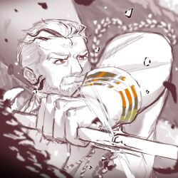 Rule 34 | angry, cane, facial hair, feathers, fighting, gold, highres, kiekoio, light, looking at another, monochrome, mustache, old, old man, orange eyes, raven arthur (housamo), tokyo houkago summoners, wings