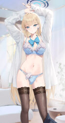 Rule 34 | 1girl, arms up, black thighhighs, blonde hair, blue archive, blue bow, blue bowtie, blue bra, blue eyes, blue nails, blue panties, blurry, blurry background, bow, bowtie, bra, breasts, cameltoe, cirilla lin, cleavage, cleft of venus, closed mouth, earrings, expressionless, glint, halo, highres, jewelry, long hair, looking at viewer, medium breasts, navel, open clothes, open shirt, panties, shirt, solo, standing, stomach, straight hair, stud earrings, thighhighs, toki (blue archive), underwear, very long hair, white shirt