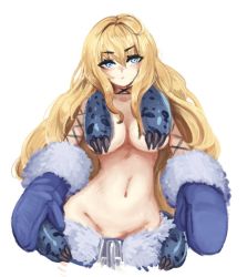 Rule 34 | 1girl, :/, barbariank, blonde hair, blue eyes, blush, breasts, commentary, cowboy shot, english commentary, frown, fur-trimmed mittens, fur trim, groin, hair between eyes, large breasts, long hair, mittens, monster girl encyclopedia, navel, selkie (monster girl encyclopedia), simple background, solo, stomach, v-shaped eyebrows, white background