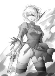 Rule 34 | 1girl, 2b (nier:automata), absurdres, blindfold, bob cut, boots, cleavage cutout, clothing cutout, cowboy shot, dress, duoj ji, dust cloud, feather-trimmed sleeves, floating clothes, gloves, greyscale, hairband, highleg, highleg leotard, highres, holding, holding sword, holding weapon, juliet sleeves, leotard, long sleeves, looking at viewer, mole, mole under mouth, monochrome, nier:automata, nier (series), one eye covered, parted lips, puffy sleeves, short hair, skindentation, solo, standing, swept bangs, sword, thigh boots, turtleneck dress, weapon