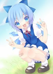 Rule 34 | 1girl, bandaid, bandaid on knee, bandaid on leg, blue dress, blue eyes, blue hair, blush, bow, cirno, double v, dress, fang, hair bow, ice, ice wings, kokorominton, looking at viewer, mary janes, matching hair/eyes, open mouth, puffy sleeves, shirt, shoes, short sleeves, smile, solo, squatting, touhou, v, wings
