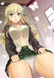 Rule 34 | 10s, 1girl, bad id, bad pixiv id, bad proportions, blonde hair, boku wa tomodachi ga sukunai, breasts, bug, butterfly, butterfly hair ornament, cardigan, cleavage, clothes lift, dress shirt, from below, green eyes, hair ornament, hareno chiame, insect, kashiwazaki sena, large breasts, legs, long hair, navel, open clothes, open shirt, panties, plaid, plaid skirt, school uniform, shirt, skirt, skirt lift, solo, unbuttoned, underwear, upskirt, white panties