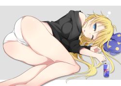 Rule 34 | 1girl, ass, black shirt, blonde hair, blue eyes, cameltoe, long hair, lying, new game!, off shoulder, on side, one eye closed, open mouth, panties, red bull, shiny skin, shirt, solo, suizokukan, underwear, white panties, yagami kou
