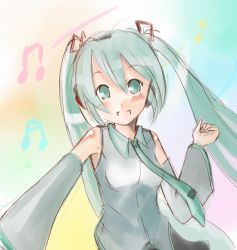 Rule 34 | 1girl, :d, aqua hair, armpits, beamed quavers, blush, collared shirt, detached sleeves, gradient background, grey shirt, hair between eyes, hair ornament, hatsune miku, headphones, long hair, looking at viewer, musical note, necktie, ogu, open mouth, quaver, shirt, sketch, skirt, smile, solo, twintails, upper body, vocaloid