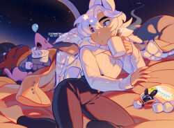 Rule 34 | 1boy, animal ears, commentary, constellor, cup, food, high-waist pants, highres, holding, holding cup, jacket, jacket on shoulders, karo valentine, male focus, marshmallow, mug, original, pants, purple eyes, purple hair, rabbit, rabbit boy, rabbit ears, rabbit tail, scarf, steam, sweater, tail, twitter username, white scarf, white sweater