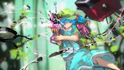 Rule 34 | 1girl, backpack, bag, blue eyes, blue hair, fork, frying pan, hair bobbles, hair ornament, hair over one eye, hat, kaatoso, kawashiro nitori, matching hair/eyes, screw, short hair, skirt, smile, solo, spoon, touhou, twintails, two side up