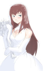 Rule 34 | 1girl, bare shoulders, blue eyes, bouquet, breasts, bridal veil, brown hair, cleavage, cleavage cutout, clothing cutout, drawfag, dress, elbow gloves, flower, gloves, long hair, makise kurisu, medium breasts, revision, simple background, smile, solo, steins;gate, veil, wedding dress, white background, white dress, white gloves