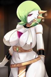 Rule 34 | 1girl, arabian clothes, bare shoulders, black panties, blurry, blurry background, bracelet, breasts, colored skin, creatures (company), furry, game freak, gardevoir, gen 3 pokemon, green hair, half-closed eyes, highres, indoors, jewelry, large breasts, narrowed eyes, naughty face, navel, nintendo, no humans, panties, pokemon, pokemon (creature), red eyes, sana!rpg, shiny skin, smile, underwear, white skin