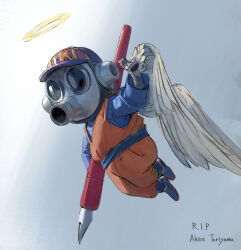 Rule 34 | 1boy, angel wings, baseball cap, character name, dougi, dragon ball, dragonball z, feathered wings, full body, halo, hat, holding, looking at viewer, male focus, mask, mechanical arms, mixed-language commentary, real life, rest in peace (phrase), sangsoo jeong, simple background, solo, tori-bot, toriyama akira (character), toriyama akira (style), white wings, wings