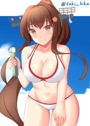 Rule 34 | 1girl, bikini, blue sky, bottle, breasts, brown hair, cherry blossoms, cleavage, cloud, commentary request, cowboy shot, flower, hair flower, hair ornament, hand on own thigh, headgear, kantai collection, large breasts, leaning forward, long hair, looking at viewer, one-hour drawing challenge, ponytail, ramune, red eyes, side-tie bikini bottom, sky, solo, swimsuit, tokyo yamane, white bikini, yamato (kancolle)