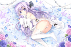 Rule 34 | 1girl, ass, azur lane, bare shoulders, black bow, black ribbon, blush, bow, closed mouth, detached sleeves, dress, flower, hair between eyes, hair ribbon, halterneck, head tilt, korie riko, long hair, looking at viewer, looking to the side, lying, no shoes, hugging object, on side, one side up, panties, pink flower, pink rose, purple eyes, purple flower, purple hair, purple rose, ribbon, rose, smile, solo, star (symbol), stuffed animal, stuffed pegasus, stuffed toy, stuffed unicorn, stuffed winged unicorn, thighhighs, underwear, unicorn (azur lane), very long hair, white dress, white flower, white panties, white rose, white thighhighs