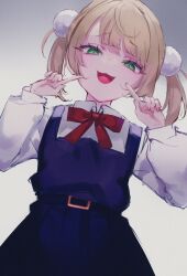 Rule 34 | 1girl, :3, aged down, belt, black belt, blonde hair, blue skirt, blue vest, blunt bangs, bow, bowtie, collared shirt, female focus, finger to cheek, from below, gesugao, gradient background, green eyes, hair ornament, hands up, highres, indie virtual youtuber, long sleeves, looking at viewer, mile (off8mile), open mouth, pleated skirt, pom pom (clothes), pom pom hair ornament, puffy long sleeves, puffy sleeves, red bow, red bowtie, school uniform, shigure ui (vtuber), shigure ui (vtuber) (young), shirt, shukusei!! loli-gami requiem, simple background, skirt, smile, smug, solo, twintails, upper body, vest, virtual youtuber, white background, white shirt