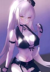 Rule 34 | 1girl, absurdres, ahoge, anchor, anchor choker, arm support, asymmetrical clothes, bare shoulders, blush, breasts, character request, cleavage, closed mouth, fate/grand order, fate (series), fingerless gloves, fingernails, gloves, hair ornament, hand up, hat, highres, jeanne d&#039;arc alter (fate), long hair, looking at viewer, medium breasts, midriff, mini hat, navel, pale skin, pants, scan, simple background, sitting, sleeveless, solo, stomach, suzuho hotaru, torn clothes, torn pants, twintails, white hair, yellow eyes