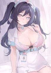 Rule 34 | 1girl, :3, belt, blue bow, blue eyes, bow, breasts, choker, cleavage, closed mouth, commission, curtains, dress, hair bow, hat, heterochromia, highres, infirmary, large breasts, long hair, looking at viewer, name tag, nurse, nurse cap, on bed, original, pink eyes, purple hair, short sleeves, sitting, skeb commission, solo, studiokwsk, twintails, white choker, white dress