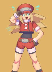 Rule 34 | 1girl, :d, bike shorts, blonde hair, cabbie hat, commentary, english commentary, gloves, green eyes, hand on own hip, hat, highres, jacket, long hair, looking at viewer, mega man (series), mega man legends (series), open mouth, red jacket, red shorts, roll caskett (mega man), short sleeves, shorts, smile, solo, standing, yoolakbop