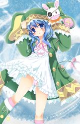 Rule 34 | 10s, 1girl, animal ears, blue background, blue eyes, blue hair, boots, rabbit ears, coat, date a live, eyepatch, green footwear, looking at viewer, rinka (yuyutei), stuffed animal, stuffed rabbit, stuffed toy, yoshino (date a live), yoshinon