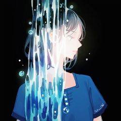 Rule 34 | 1girl, artist name, black background, black hair, blue shirt, buttons, half-closed eyes, original, profile, shirt, short hair, short sleeves, simple background, solo, tofuvi, upper body, water, waterfall