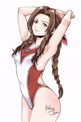 Rule 34 | 1girl, aerith gainsborough, arms behind head, braid, braided ponytail, breasts, brown hair, competition swimsuit, cowboy shot, final fantasy, final fantasy vii, final fantasy vii rebirth, final fantasy vii remake, green eyes, highres, long hair, one-piece swimsuit, parted bangs, parted lips, red one-piece swimsuit, relaxjon, sidelocks, simple background, small breasts, smile, solo, square enix, swimsuit, two-tone swimsuit, white background, white one-piece swimsuit
