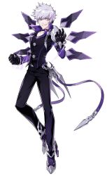 Rule 34 | 1boy, add (elsword), black gloves, black pants, black shirt, choker, clenched hand, elsword, full body, gloves, grin, highres, hwansang, looking at viewer, lunatic psyker (elsword), male focus, messy hair, official art, pants, popped collar, purple eyes, shirt, shoes, silver hair, smile, solo, transparent background