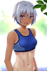 Rule 34 | 1girl, :d, backlighting, bare arms, bare shoulders, blush, breasts, cleavage, collarbone, commentary request, hashi, leaf, medium breasts, navel, open mouth, original, purple eyes, short hair, silver hair, smile, solo, sports bra, stomach, toned, upper body