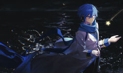 Rule 34 | 1boy, blue eyes, blue hair, blue nails, blue scarf, coat, commentary, crescent moon, dark background, hair between eyes, hands up, headphones, highres, kaito (vocaloid), kaito (vocaloid3), long coat, male focus, moon, night, night sky, ocean, scarf, shooting star, short hair, sidelighting, sky, solo, standing, star (symbol), symbol-only commentary, vocaloid, waves, white coat, wind, wind lift, zhou huan (dgpe2833)