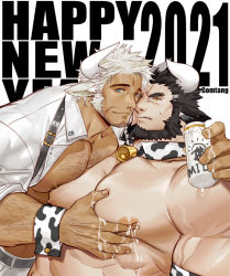 Rule 34 | abs, animal ears, animal print, arm hair, bara, bare pectorals, beard, bell, black hair, blue eyes, bottle, chest hair, chest harness, chinese zodiac, collar, contrast, cow boy, cow ears, cow horns, cow print, dark skin, dark-skinned male, face-to-face, facial hair, gomtang, grabbing, happy new year, harness, horns, interracial, lactation, large pectorals, looking at viewer, male focus, male lactation, mature male, milk, milk bottle, muscular, muscular male, neck bell, new year, nipples, open clothes, open shirt, original, pectoral docking, pectoral grab, pectoral press, pectorals, shirt, short hair, sideburns, stomach, stubble, sweatdrop, upper body, white hair, white shirt, yaoi, year of the ox, yellow eyes