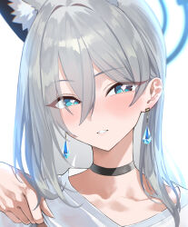 Rule 34 | 1girl, animal ears, black choker, blue archive, blue eyes, breasts, choker, clothes lift, commentary, dark halo, earrings, extra ears, grey hair, hair between eyes, halo, heart, heart-shaped pupils, highres, jewelry, kazane-wind, large breasts, lifting own clothes, long hair, open mouth, shiroko (blue archive), shiroko terror (blue archive), shirt, short sleeves, solo, symbol-shaped pupils, underwear, upper body, white shirt, wolf ears