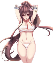 Rule 34 | 10s, 1girl, akina t, armpits, arms behind head, arms up, bad id, bad pixiv id, bandages, bare legs, blush, breasts, brown hair, cleavage, closed mouth, collarbone, flower, hair flower, hair intakes, hair ornament, head tilt, headgear, highres, kantai collection, large breasts, long hair, looking at viewer, midriff, mouth hold, navel, partially visible vulva, ponytail, red eyes, red ribbon, ribbon, sarashi, simple background, smile, solo, standing, stomach, tassel, thigh gap, thighs, tsurime, very long hair, white background, yamato (kancolle)