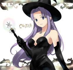 Rule 34 | 00s, 1girl, bare shoulders, black gloves, blue eyes, braid, breasts, medea (fate), choker, cleavage, elbow gloves, fate/stay night, fate (series), gloves, glowing, hat, jewelry, long hair, no bra, pendant, plant, pointy ears, purple hair, side braid, smile, solo, takenashi eri, very long hair, vines, wand, witch, witch hat
