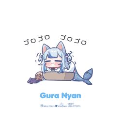 Rule 34 | 1girl, :3, = =, animal ears, blue hair, blunt bangs, blush stickers, box, cat ears, chibi, closed eyes, commentary, english commentary, fins, fish tail, gawr gura, grey hair, hair ornament, highres, hololive, hololive english, in box, in container, instagram username, inugami korone (dog), long hair, monja (monja0521), multicolored hair, pixiv username, shark girl, shark hair ornament, shark tail, shirt, streaked hair, tail, takodachi (ninomae ina&#039;nis), twitter username, two side up, virtual youtuber, white shirt