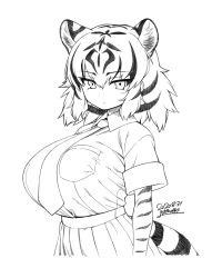 Rule 34 | 1girl, :/, alternate breast size, animal ear fluff, animal ears, animal print, arms at sides, breast pocket, breasts, closed mouth, expressionless, gloves, greyscale, hair between eyes, high-waist skirt, huge breasts, kemono friends, looking at viewer, medium hair, monochrome, pocket, print gloves, shirt tucked in, skirt, solo, tail, tented shirt, tiger (kemono friends), tiger ears, tiger print, tiger tail, upper body, yoshida hideyuki
