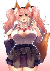 Rule 34 | 1girl, animal ear fluff, animal ears, bag, between breasts, breasts, bubble tea, cleavage, clothes around waist, cowboy shot, curvy, fate/extella, fate/extra, fate (series), fox ears, fox girl, fox tail, gradient background, highres, huge breasts, jacket, jacket around waist, kuronyan, long hair, miniskirt, necktie, official alternate costume, open mouth, partially unbuttoned, pink hair, pleated skirt, school bag, school uniform, shirt, shirt tucked in, simple background, skirt, smile, solo, tail, tamamo (fate), tamamo no mae (jk) (fate), twintails, white shirt, yellow eyes