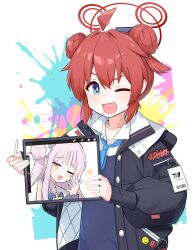 Rule 34 | absurdres, ahoge, blue archive, blue eyes, collarbone, commentary request, double bun, english text, hair between eyes, hair bun, hair ornament, halo, highres, id card, jacket, looking at viewer, maki (blue archive), mika (blue archive), necktie, one eye closed, patanda, pink hair, red hair, school uniform, simple background, stylus, tablet pc, uniform, white background