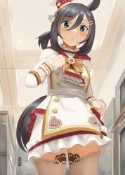 Rule 34 | 1girl, animal ears, apron, black hair, blue eyes, bob cut, brown thighhighs, chef hat, closed mouth, commentary, dress, eishin flash (collect chocolatier) (umamusume), eishin flash (umamusume), frilled dress, frills, hair ornament, hairclip, hat, heart, highres, honmakaina kudou, horse ears, horse girl, horse tail, indoors, lace, lace-trimmed legwear, lace trim, long sleeves, looking at viewer, mini hat, neckerchief, official alternate costume, red neckerchief, short dress, short hair, solo, standing, swept bangs, tail, thighhighs, tilted headwear, umamusume, white apron, white dress, white hat, zettai ryouiki