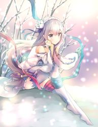 Rule 34 | 10s, 1girl, arm rest, armpit crease, bare shoulders, bare tree, blue ribbon, blurry, blush, bokeh, closed mouth, depth of field, detached collar, elf, emilia (re:zero), floating hair, flower, hair flower, hair ornament, hair ribbon, hairband, hands on own cheeks, hands on own face, highres, knee up, long hair, long sleeves, looking at viewer, looking to the side, low-tied long hair, melings (aot2846), miniskirt, no shoes, off shoulder, pink ribbon, plantar flexion, pointy ears, purple eyes, purple ribbon, re:zero kara hajimeru isekai seikatsu, ribbon, rose, shirt, sidelocks, silver hair, sitting, skirt, solo, thighhighs, tree, very long hair, white flower, white rose, white shirt, white skirt, white thighhighs, wide sleeves