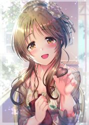 Rule 34 | 1girl, :d, absurdres, blush, brown eyes, brown hair, brown shirt, candy, chocolate, chocolate heart, collarbone, commentary request, flower, food, hair ornament, hair ribbon, head tilt, heart, highres, holding, holding chocolate, holding food, idolmaster, idolmaster cinderella girls, looking at viewer, medium hair, ment, open mouth, ribbon, shirt, sidelocks, smile, solo, sparkle, takamori aiko, upper body, window