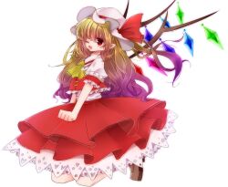 Rule 34 | 1girl, alternate hair length, alternate hairstyle, ascot, blonde hair, bow, brown footwear, collared shirt, crystal, fang, flandre scarlet, frilled shirt collar, frilled sleeves, frilled vest, frills, from side, full body, hat, hat bow, hat ribbon, highres, long hair, looking at viewer, looking to the side, multicolored wings, one eye closed, open mouth, petticoat, pointy ears, puffy short sleeves, puffy sleeves, red bow, red eyes, red ribbon, red skirt, red vest, ribbon, ribbon-trimmed headwear, ribbon trim, shimashiro itsuki, shirt, short sleeves, simple background, skirt, solo, touhou, very long hair, vest, white background, white shirt, wings, yellow ascot