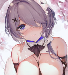 Rule 34 | 1girl, arknights, bare shoulders, blush, breasts, cherry blossoms, commentary request, eyepatch, feather boa, hair ornament, hair over one eye, highres, jean.organ, large breasts, looking at viewer, official alternate costume, purple eyes, purple hair, smile, solo, upper body, whisperain (arknights), whisperain (tremble cold) (arknights), x hair ornament