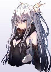 Rule 34 | 1girl, bare shoulders, blue eyes, braid, breasts, character request, cleavage, closed mouth, copyright request, covered navel, detached sleeves, gorget, gradient background, hair between eyes, hair ornament, highres, long hair, looking away, sidelocks, silver hair, simple background, small breasts, solo, soukou makura, tsurime, two side up