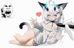 Rule 34 | 18301639225, 1boy, 1girl, :d, absurdres, animal ears, bare legs, bare shoulders, blue eyes, borrowed character, breasts, cat ears, cat girl, cat tail, drawing (action), dress, fan screaming at madison beer (meme), gradient eyes, heart, highres, horns, long hair, long sleeves, looking at viewer, meme, multicolored eyes, no pants, open mouth, original, pink eyes, pointy ears, pov, small breasts, smile, sweater, sweater dress, tail, thighs, two side up, white hair, white sweater