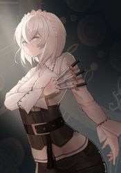 Rule 34 | 1girl, alternate costume, alternate hairstyle, bad id, bad pixiv id, belt, between fingers, blouse, blue eyes, collared shirt, corset, frown, hair between eyes, highres, holding, holding knife, indoors, izayoi sakuya, j3men, knife, knives between fingers, light particles, light rays, long sleeves, looking to the side, maid headdress, shirt, short hair, solo, studded belt, sunbeam, sunlight, touhou, underbust, white hair, white shirt